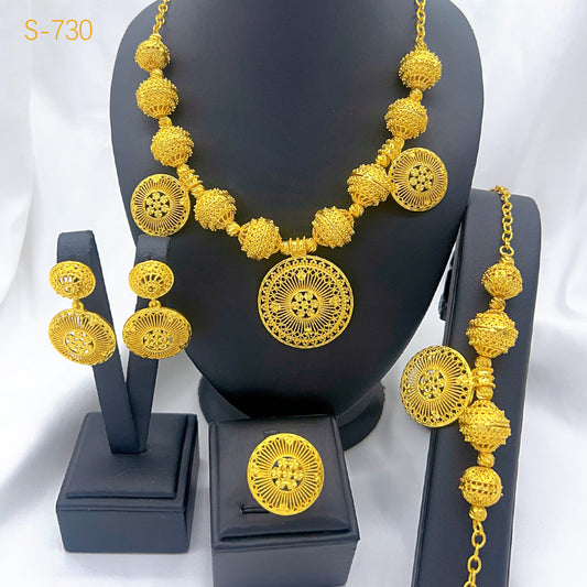 Saudi Wedding Gold Jewelry | 4-Piece Set | Earrings, Necklace, Ring, Bracelet｜s-730