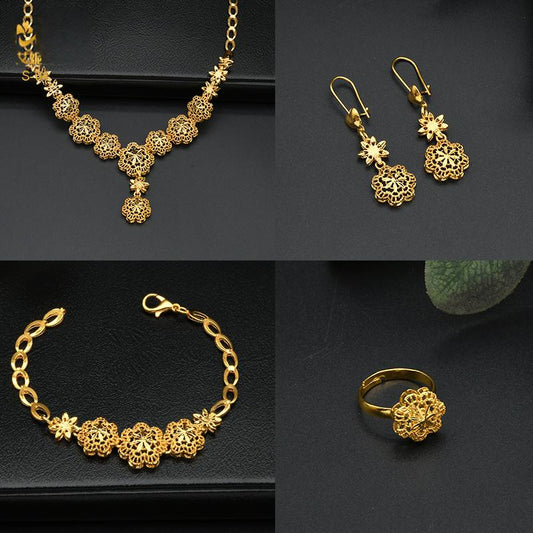 Wedding Gift Jewelry | Golden Carved Earrings, Necklace, Bracelet, and Ring Set｜s-04