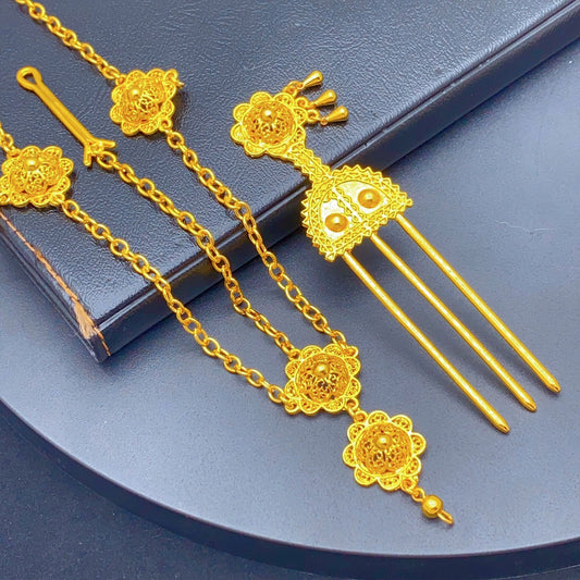 Golden Ethnic Style | Middle Eastern Wedding Jewelry Set | Women’s Necklace, Earrings, Ring, and Bracelet｜a-07