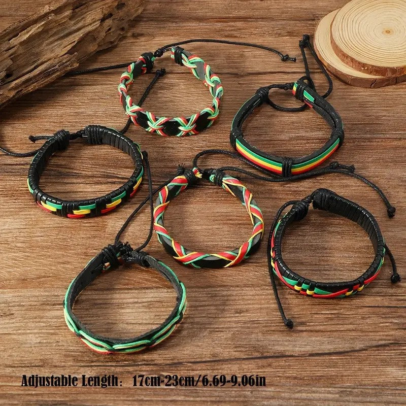 【6-Piece Set】Rasta Style Leather Bracelet Stack for Men — Red, Yellow, Green Braided Design