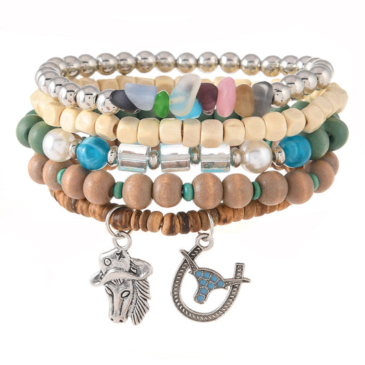 【5-Piece Set】Western Boho Layered Bracelet Stack with Cowboy Horse & Bull Charms｜What You See Is What You Get