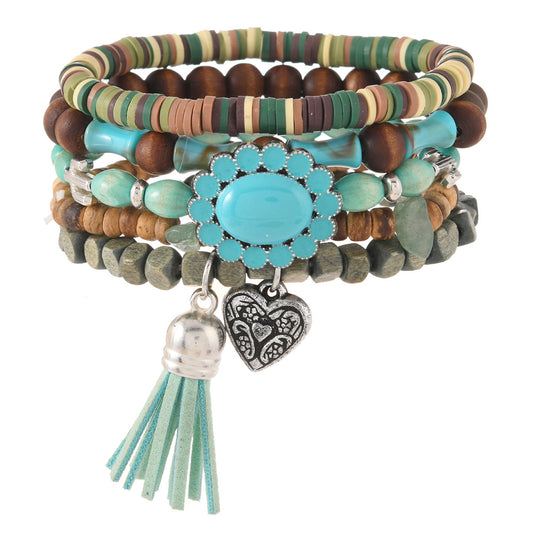 【5-Piece Set】Boho Turquoise Layered Bracelet Stack with Heart Charm & Tassel｜What You See Is What You Get
