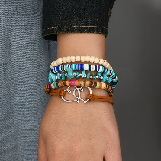 【5-Piece Set】Multicolor Beaded Bracelet Stack with Heart Clasp Leather Cord｜Boho Style – What You See Is What You Get