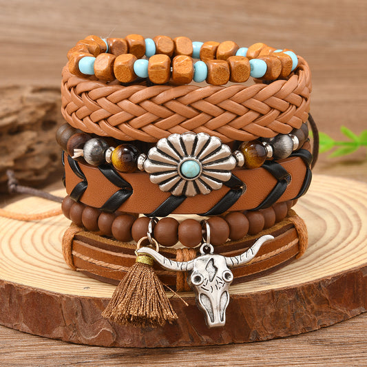 【6-Piece Set】Western Style Bracelet Set with Bull Skull Pendant — Vintage Brown Leather & Beads