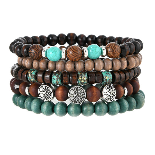 【5-Piece Set】Boho Ethnic Style Bracelet Set｜Turquoise & Wood Beads｜What You See Is What You Get