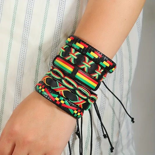 【6-Piece Set】Rasta Style Leather Bracelet Stack for Men — Red, Yellow, Green Braided Design