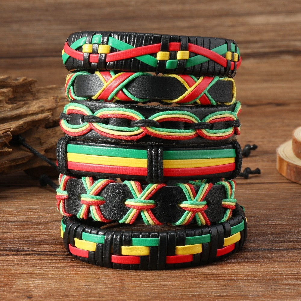 【6-Piece Set】Rasta Style Leather Bracelet Stack for Men — Red, Yellow, Green Braided Design