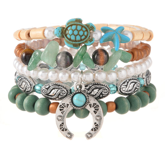 【5-Piece Set】Ocean-Inspired Boho Bracelet Set with Turquoise Turtle, Natural Stone & Lucky Horseshoe Charm