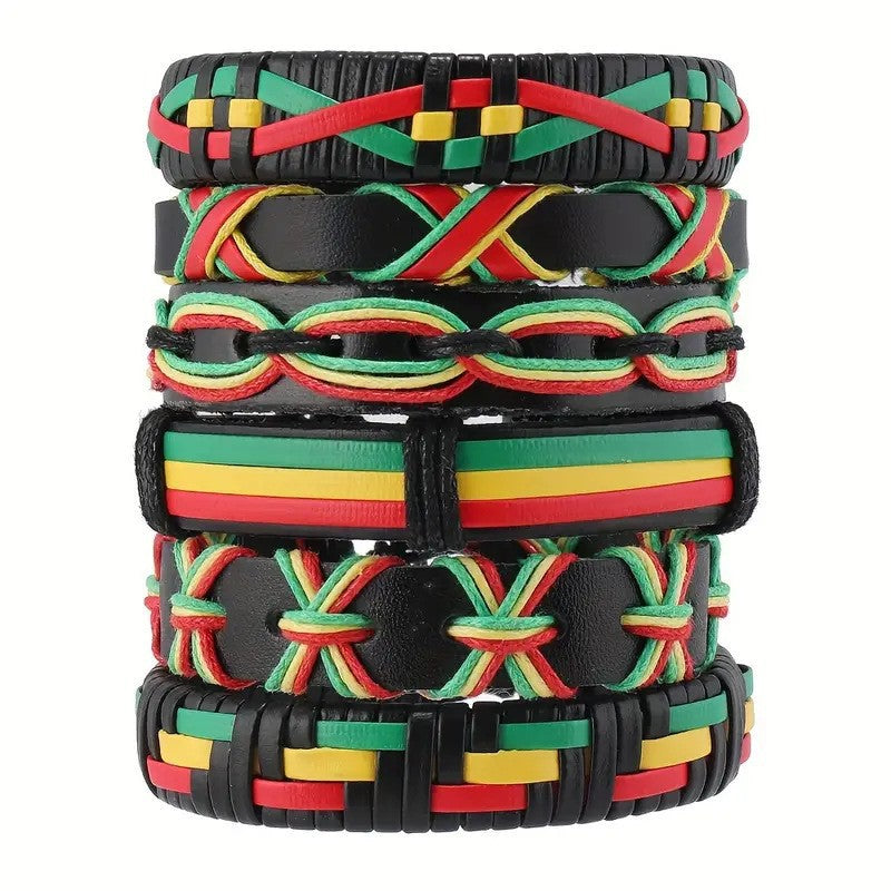 【6-Piece Set】Rasta Style Leather Bracelet Stack for Men — Red, Yellow, Green Braided Design