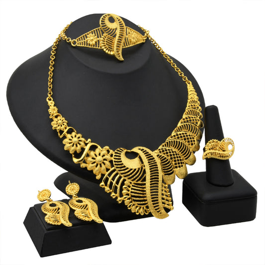 Traditional Muslim Wedding Jewelry | Golden Embossed Ethnic 4-Piece Set｜s-339